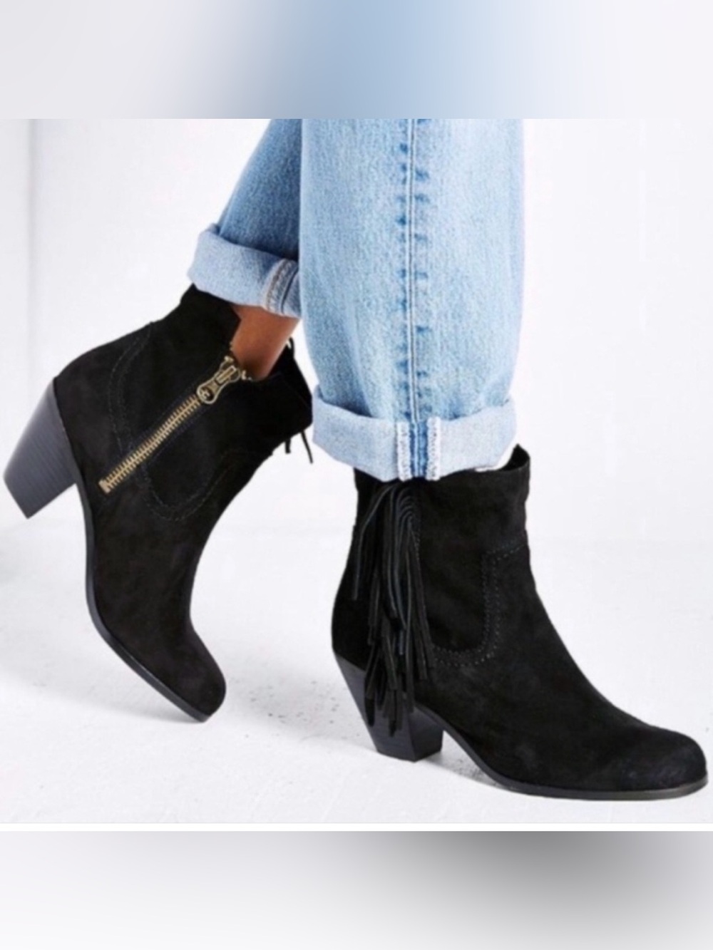 Sam Edelman Louie black suede Block heel Fringe Booties- Sz 7